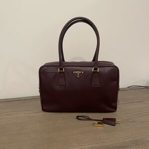 Prada Saffiano Lux Bauletto Bag Burgundy